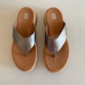 Fitflop F-Mode Metallic Leather and Cork Flatform Toe-Post Sandals